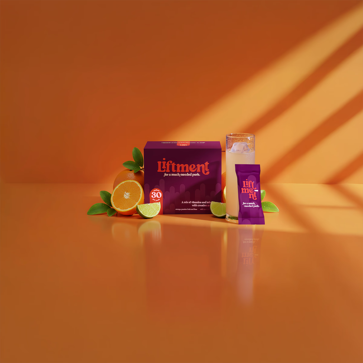 A purple box of liftment surrounded by fruit